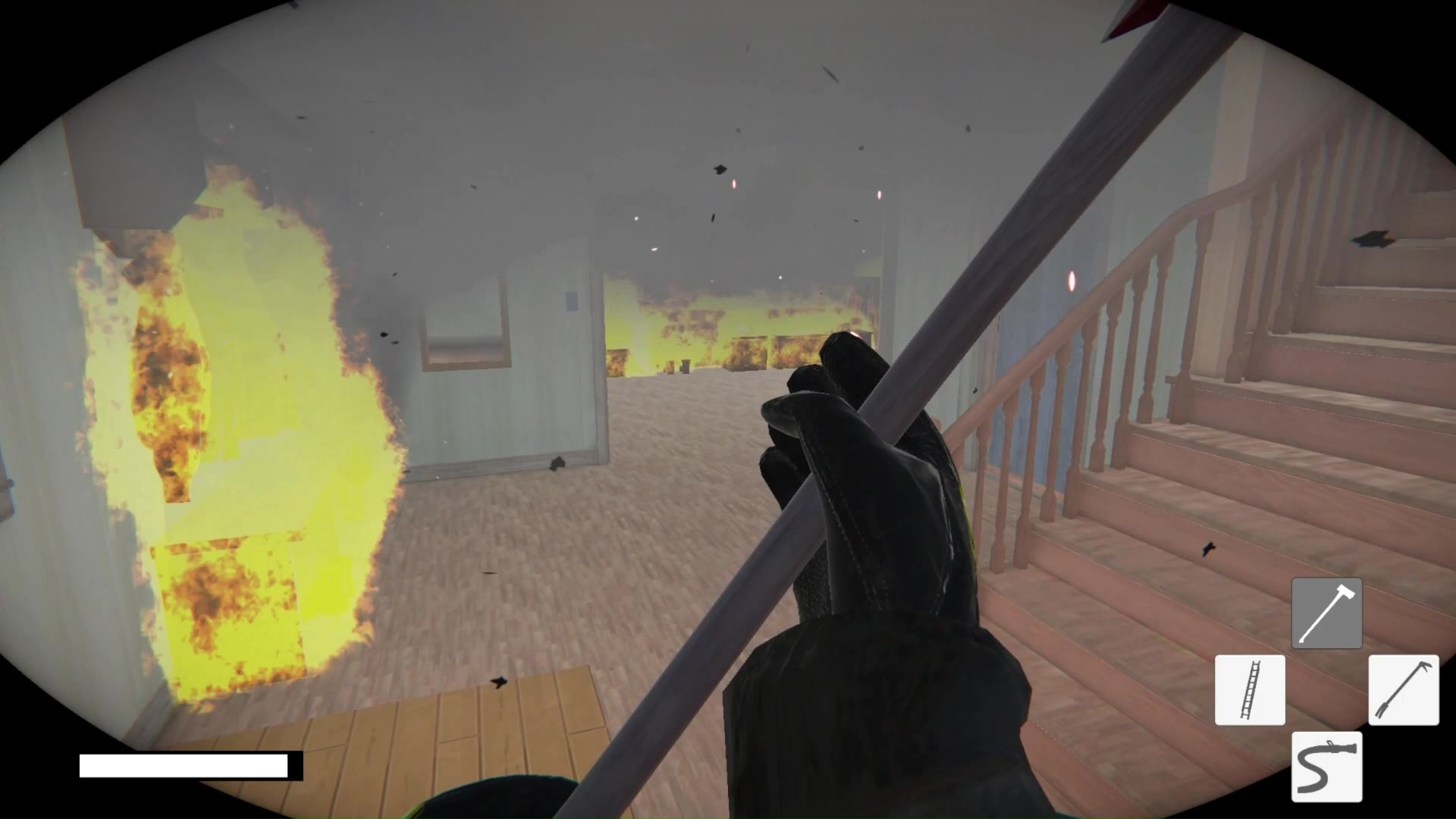 Interior fire with firefighter hand advancing through flames